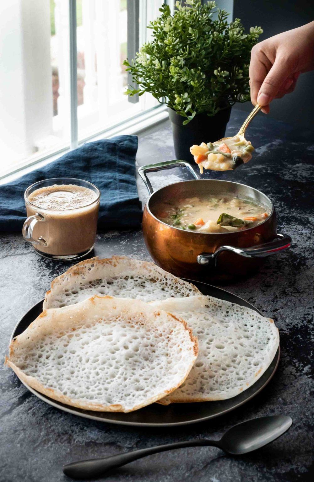 Appam with Creamy Vegetable Stew