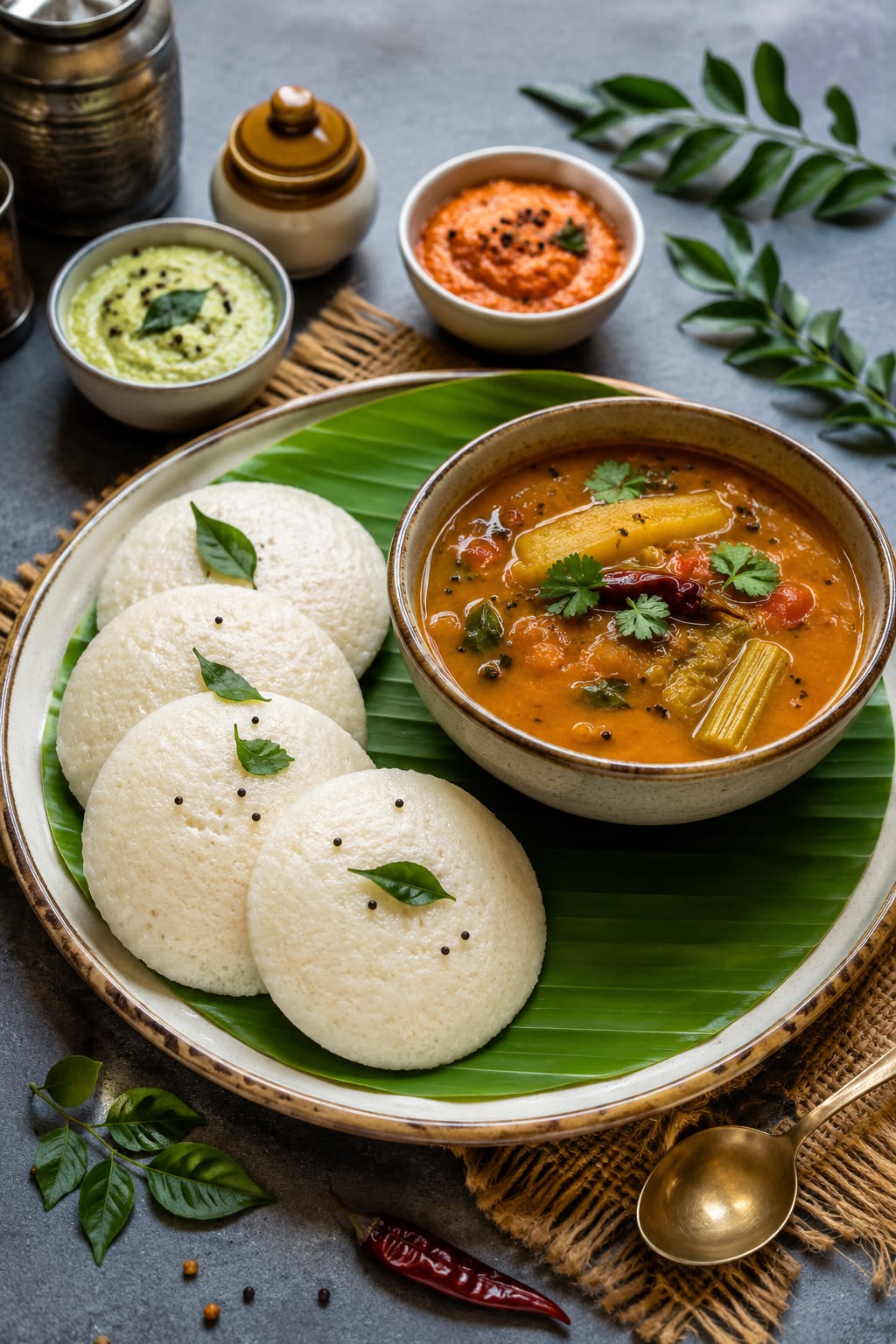 Idli with Authentic Sambar & Coconut Chutney